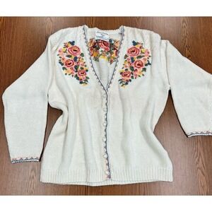 Vintage Marisa Christina Hand Knit Sweater Floral  Petite L Embroidered Cardigan